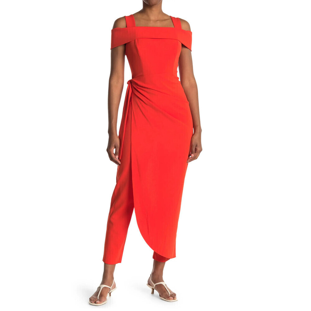 Marina Women's Cold Shoulder Waist Tie Overlay Jumpsuit In Orange Size 4 $230